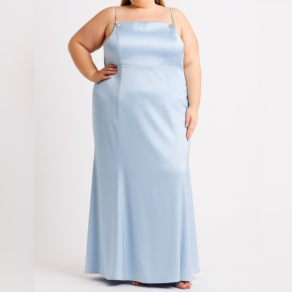 New Sachin & Babi Pryce Crystal Strap Detail Vertical Stretch Mikado Column Gown